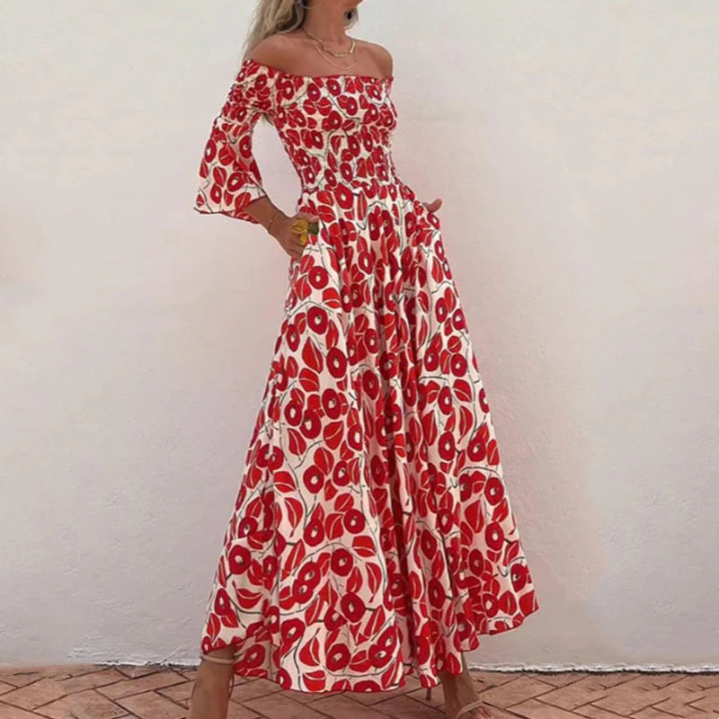 Martina™ Vestido largo con estampado floral, hombros descubiertos y mangas acampanadas