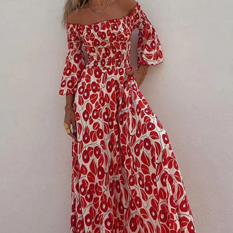 Martina™ Vestido largo con estampado floral, hombros descubiertos y mangas acampanadas