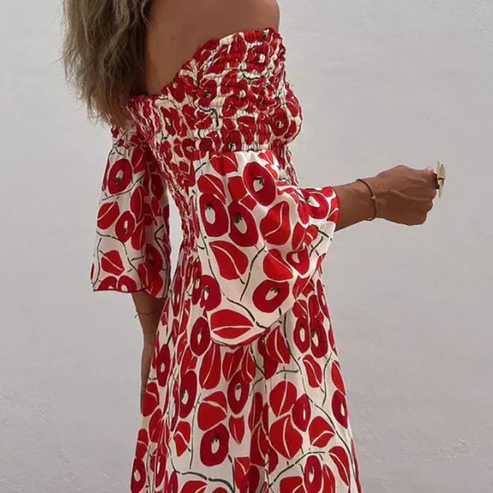Martina™ Vestido largo con estampado floral, hombros descubiertos y mangas acampanadas