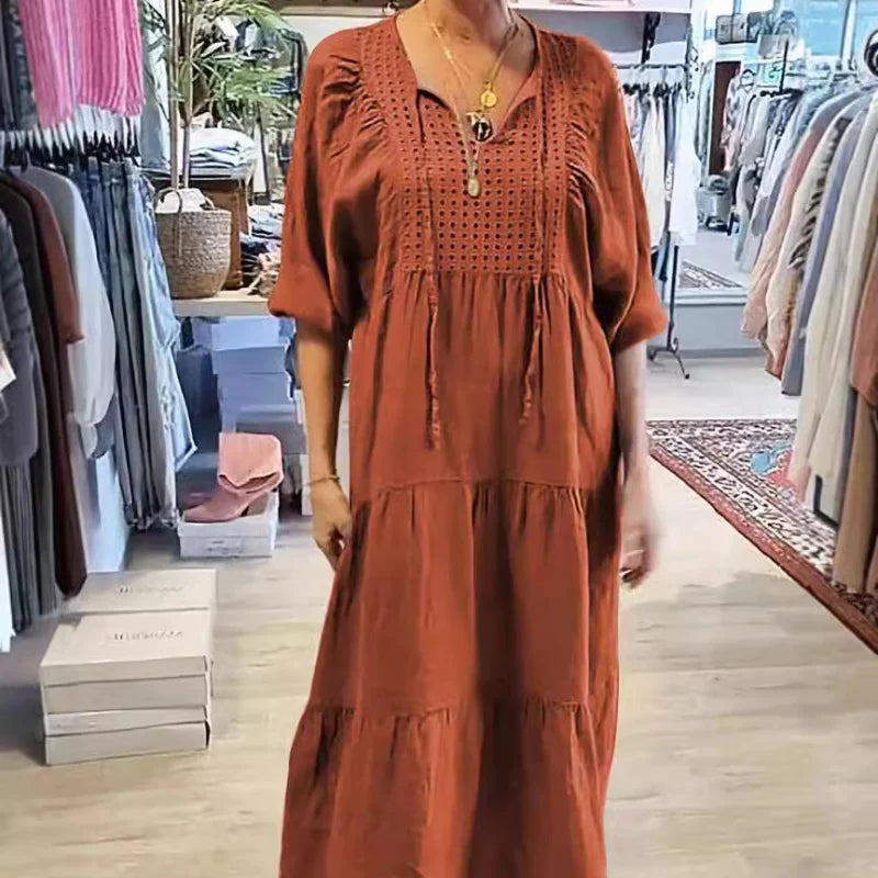 Leonor - Vestido largo con bordado calado y mangas abullonadas