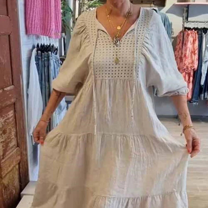 Leonor - Vestido largo con bordado calado y mangas abullonadas