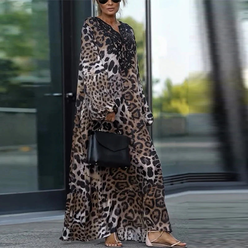 Rosana - Vestido informal de manga larga con estampado de leopardo