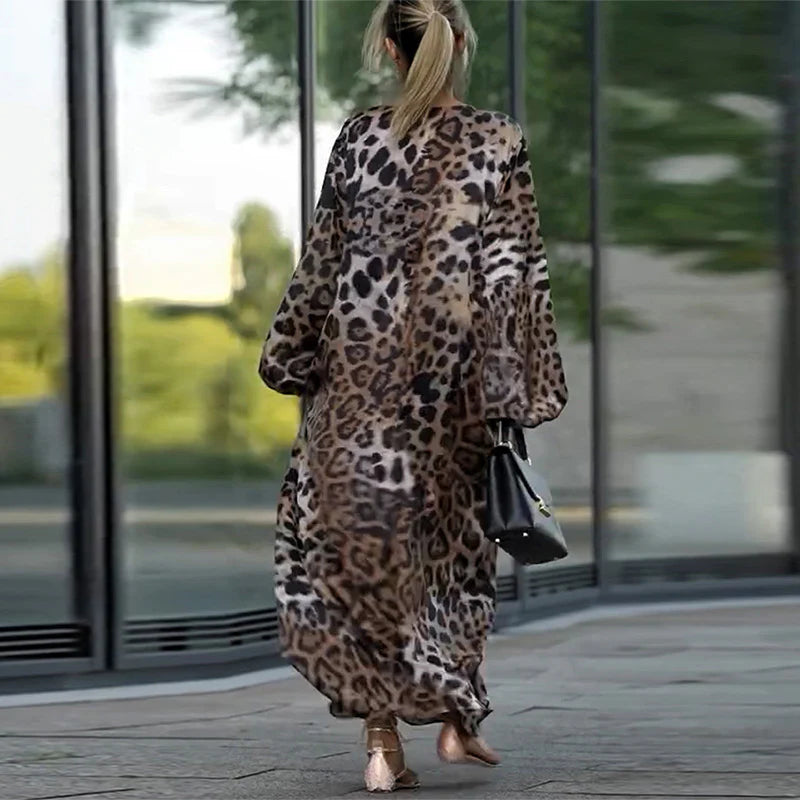 Rosana - Vestido informal de manga larga con estampado de leopardo