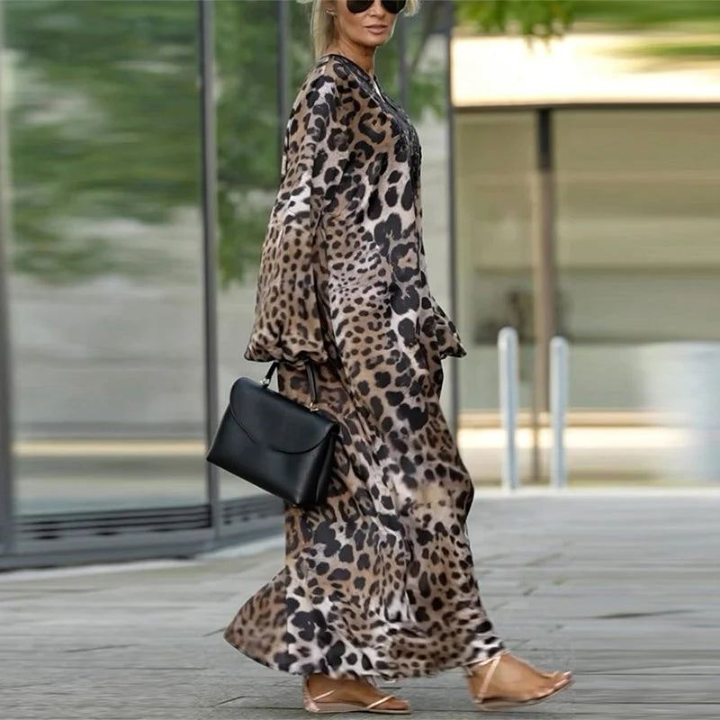 Rosana - Vestido informal de manga larga con estampado de leopardo