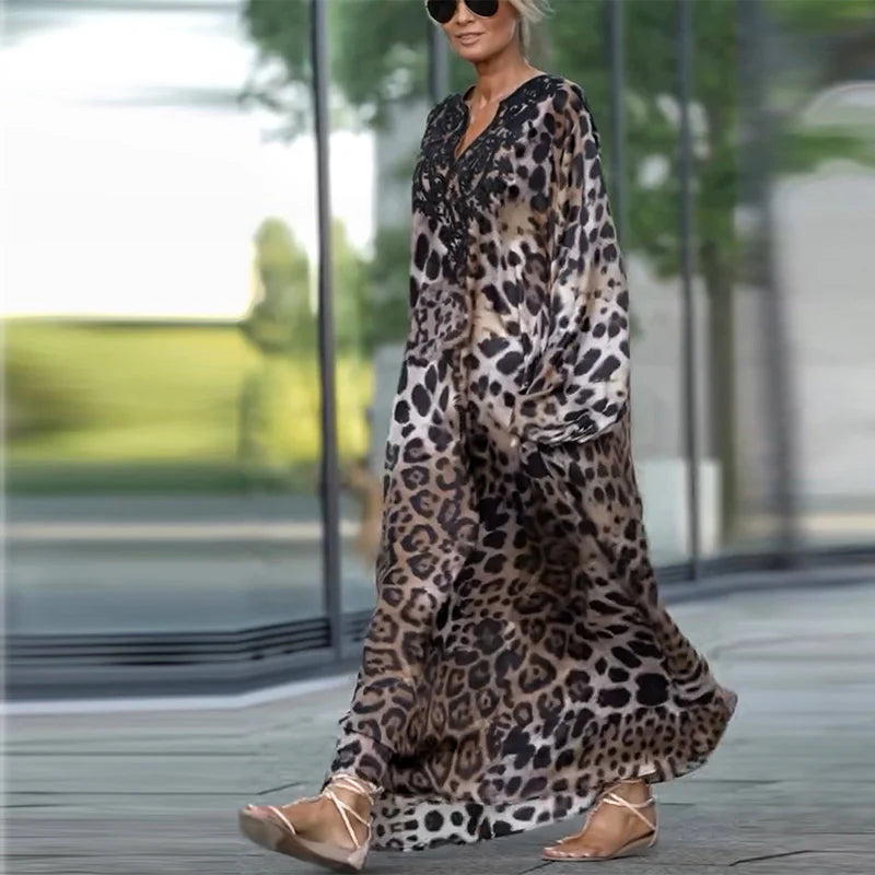Rosana - Vestido informal de manga larga con estampado de leopardo