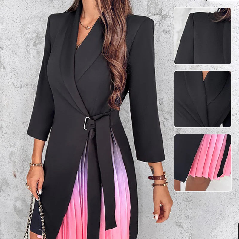 Carla™ Vestido blazer plisado con cuello de solapa y degradado