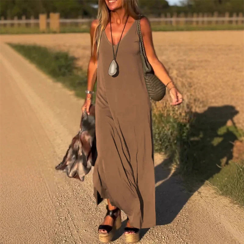 Silvia™ Vestido largo con escote en pico y tirantes finos