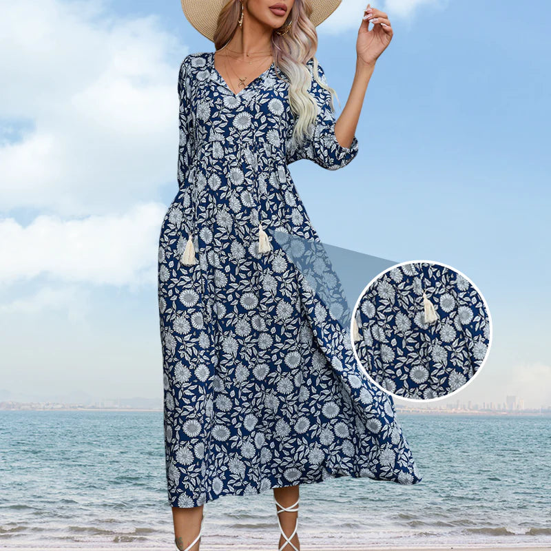 Amara - Vestido largo con estampado floral azul marino