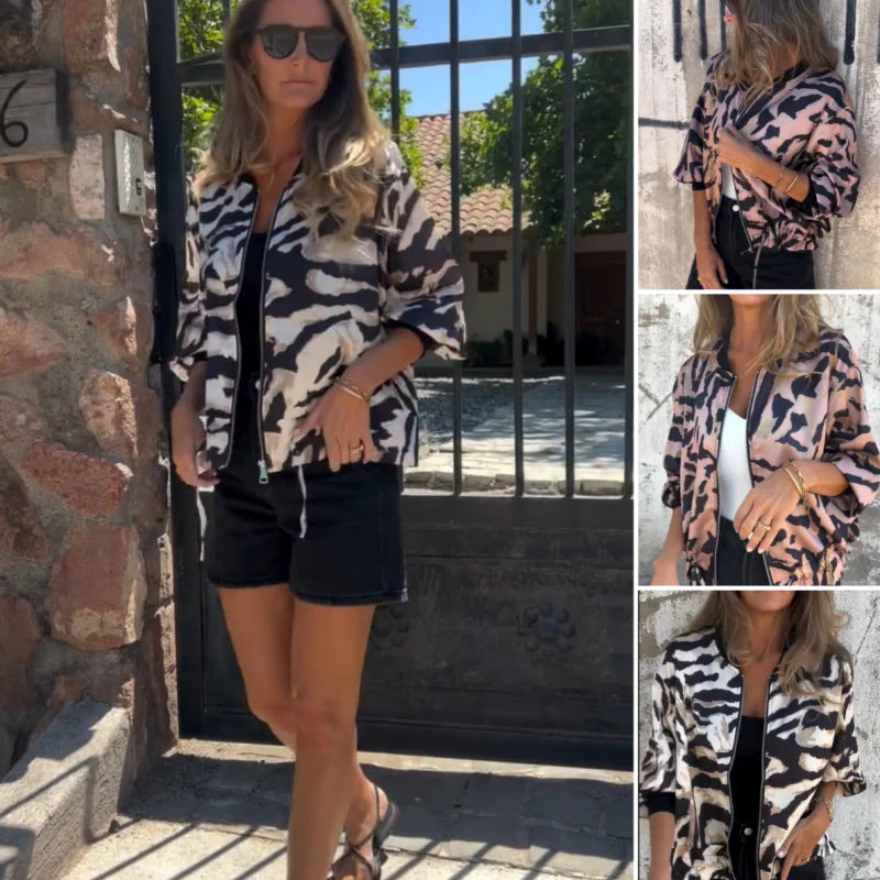 María - Chaqueta bomber con cremallera y estampado de cebra