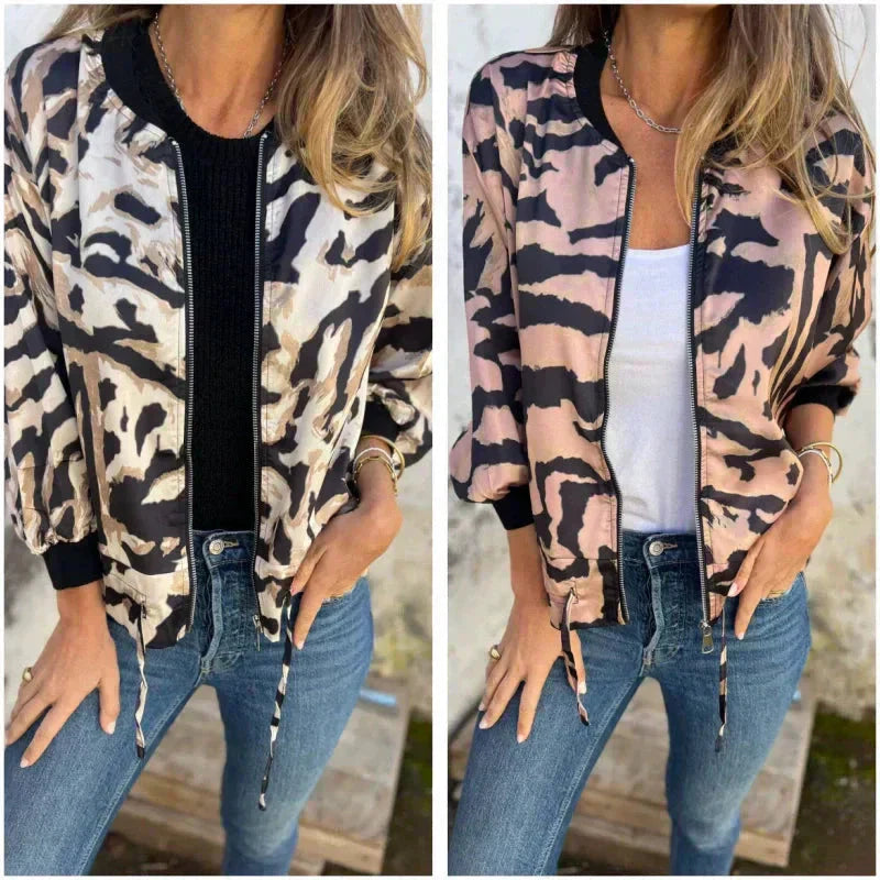 María - Chaqueta bomber con cremallera y estampado de cebra