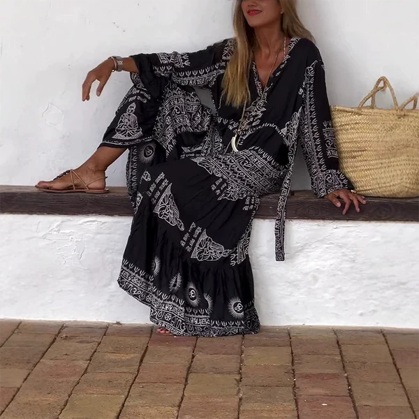 Isabela - Vestido largo estampado en blanco y negro