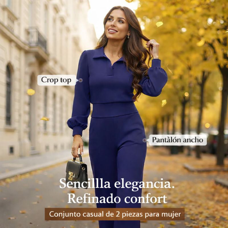Isabel – Traje de mujer con blusa de solapa y pantalón ancho