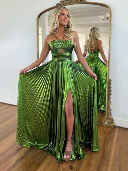 Lilia - Vestido largo plisado de tela metalizada