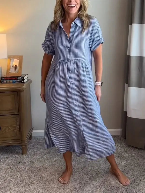 Sara™ – Vestido camisero de rayas con corte relajado y bolsillos laterales