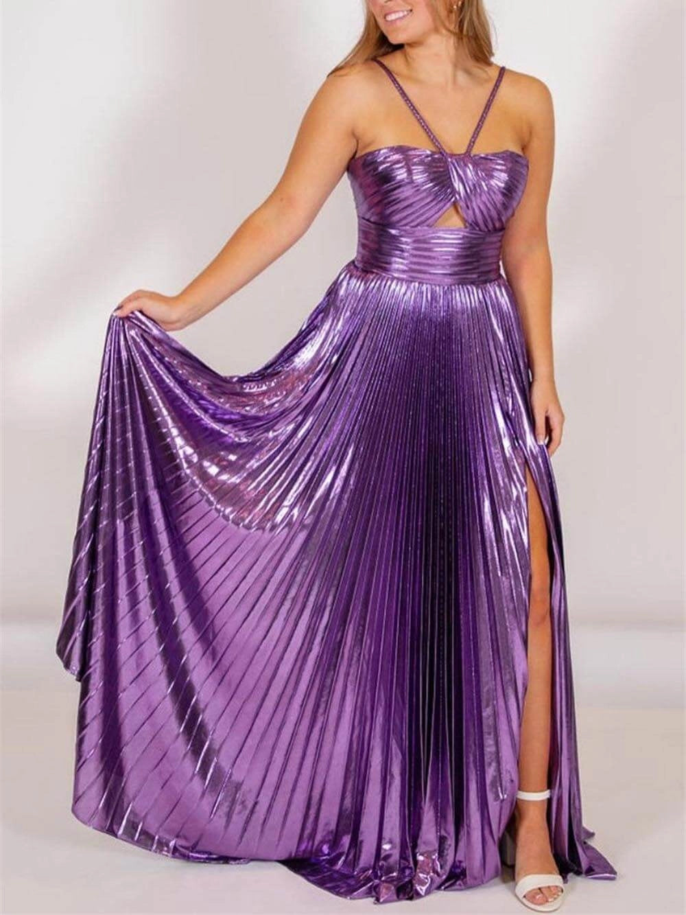 Lilia - Vestido largo plisado de tela metalizada