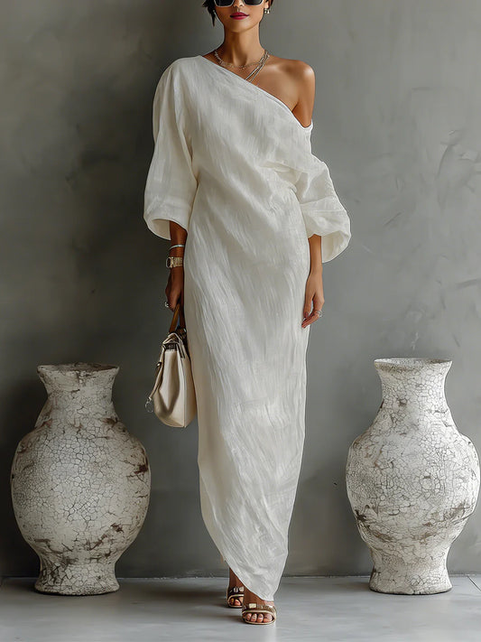 Diana – Vestido largo fluido de un solo hombro en blanco marfil