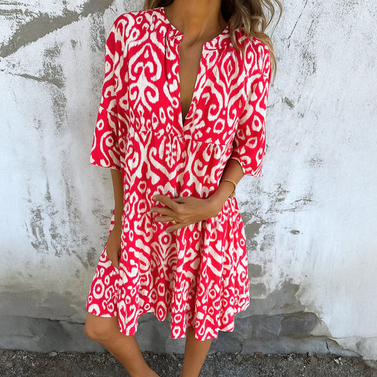 Margarita™ vestido corto fluido con estampado étnico y escote en pico