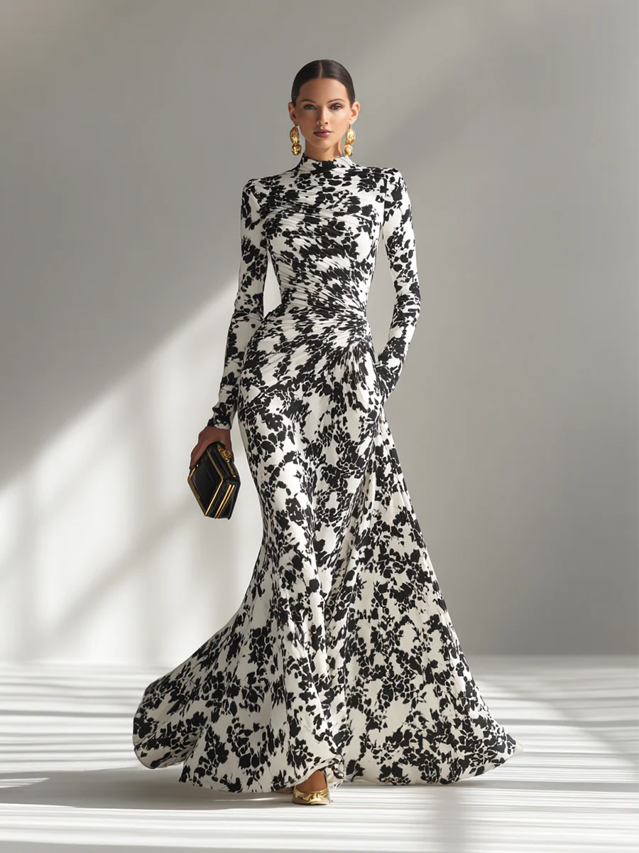 Greta – Vestido maxi cruzado estampado en blanco y negro