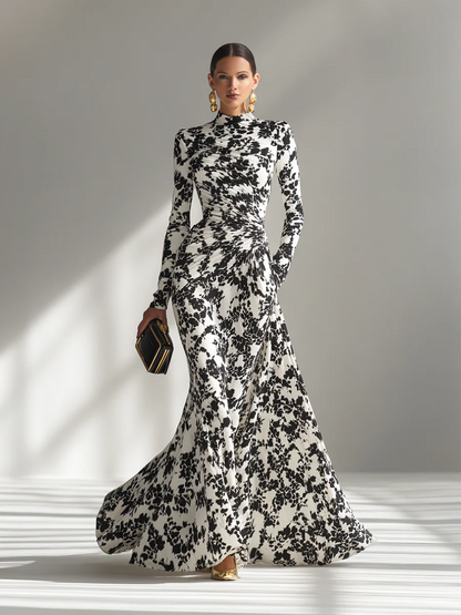 Greta – Vestido maxi cruzado estampado en blanco y negro