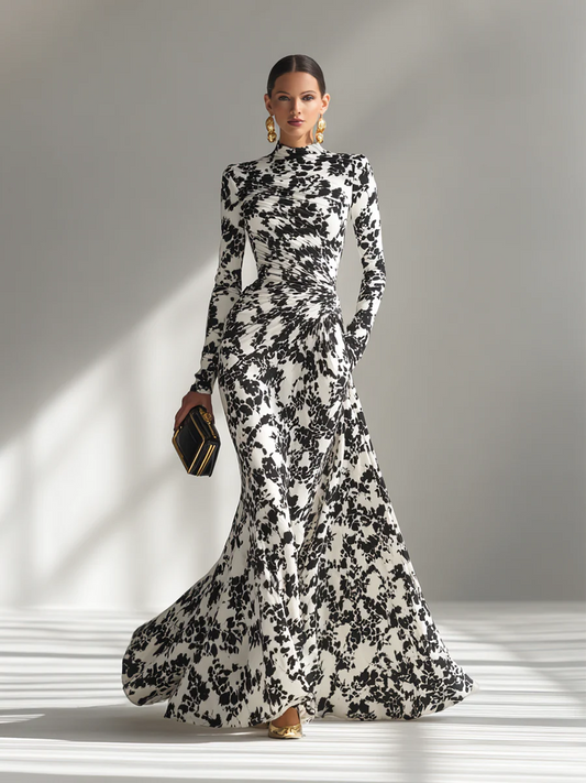 Greta – Vestido maxi cruzado estampado en blanco y negro