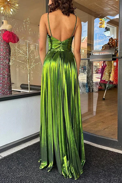 Lilia - Vestido largo plisado de tela metalizada