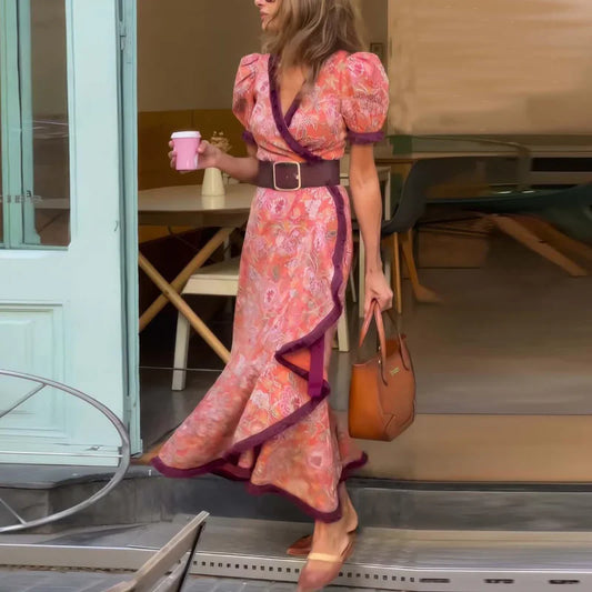 Yasmín - Elegante vestido largo rosa con mangas cortas