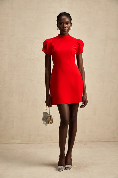 Ana – Vestido mini rojo con mangas pétalo y lazo