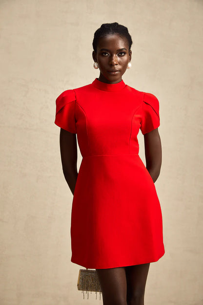 Ana – Vestido mini rojo con mangas pétalo y lazo