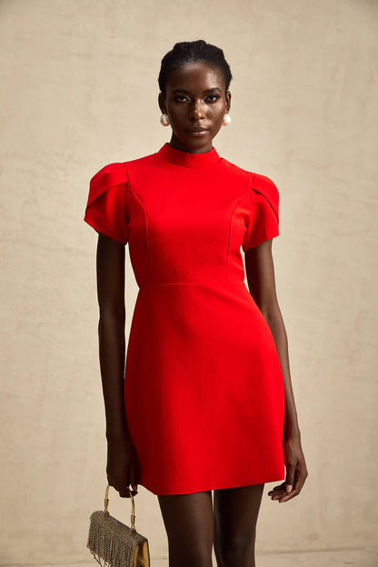 Ana – Vestido mini rojo con mangas pétalo y lazo