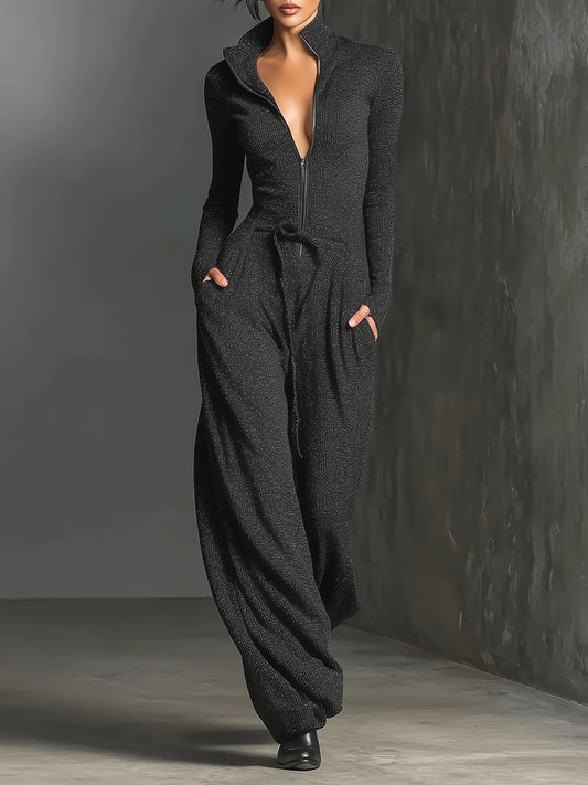 Perla – Mono elegante de punto con brillo y cremallera frontal