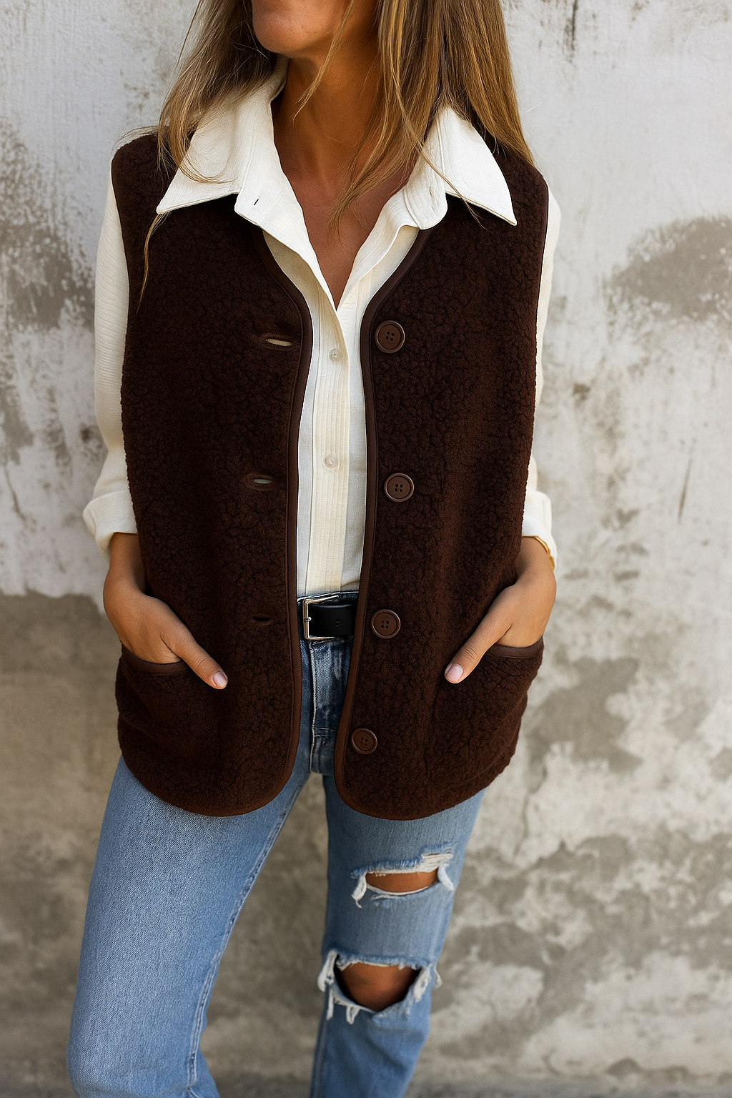 Eva - Chaleco polar con botones y bolsillos laterales