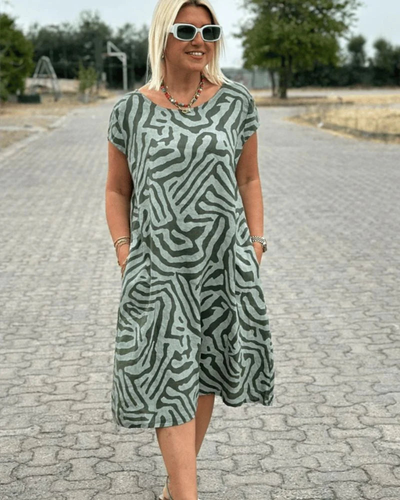 Nelia - Vestido fluido de verano con estampado abstracto y bolsillos