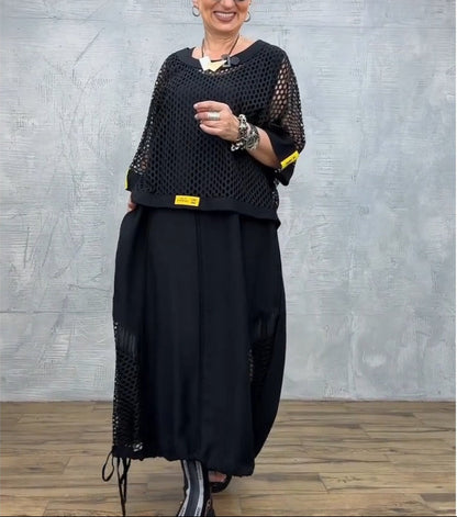 Ava - Conjunto negro de vestido con sobrecamisa calada