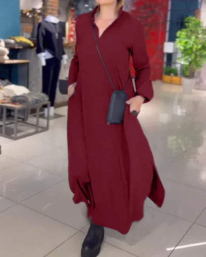 Nora™ | Vestido largo camisero con cuello abierto y bolsillos