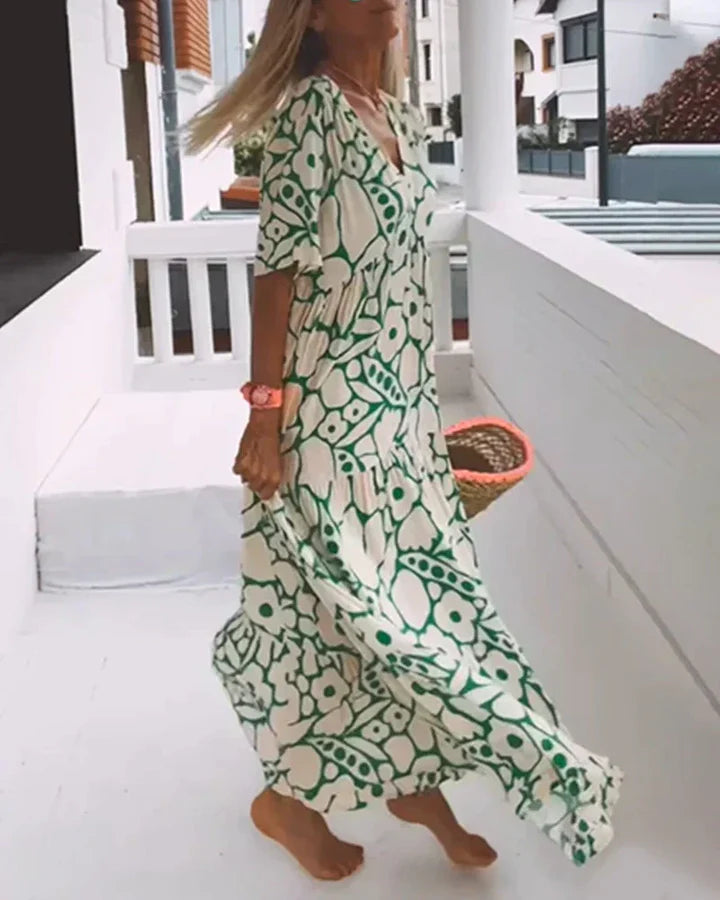 Cristina | Vestido largo de verano con corte fluido y elegante estampado gráfico