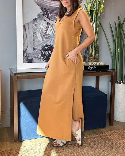 Olga – Vestido largo sin mangas con escote en pico y bolsillos