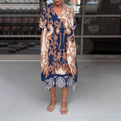 Paula/ Vestido midi holgado con cuello en V estampado