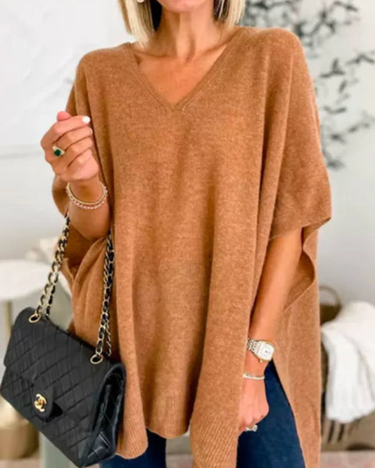 Erica - Jersey poncho liso con cuello en V y corte amplio