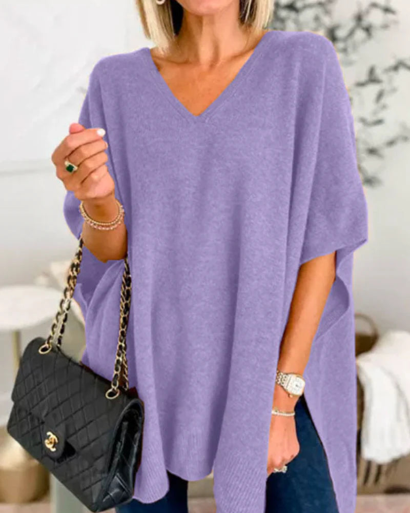 Erica - Jersey poncho liso con cuello en V y corte amplio