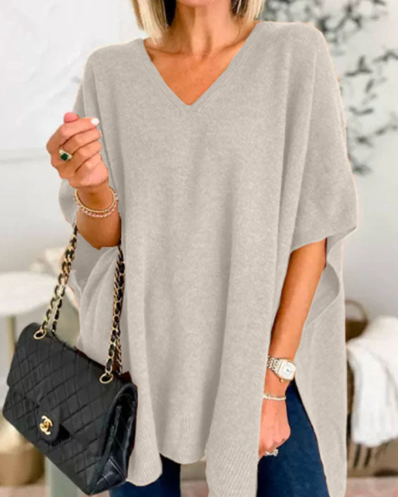 Erica - Jersey poncho liso con cuello en V y corte amplio