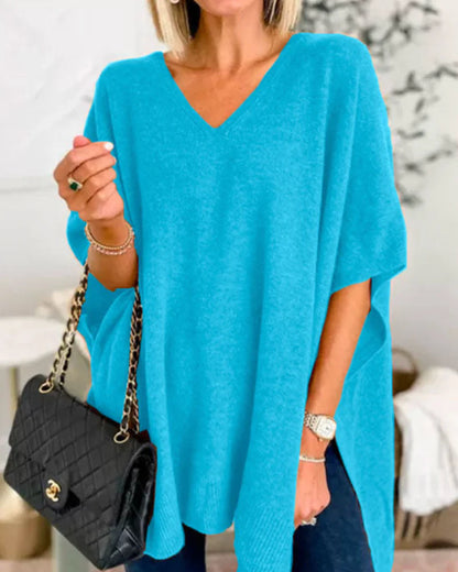 Erica - Jersey poncho liso con cuello en V y corte amplio