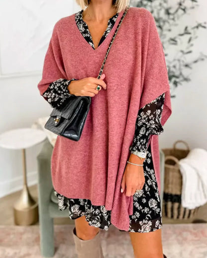 Erica - Jersey poncho liso con cuello en V y corte amplio