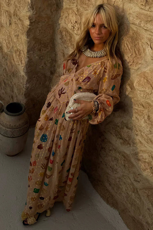 Alessandra - Vestido con estampado marino y detalles dorados