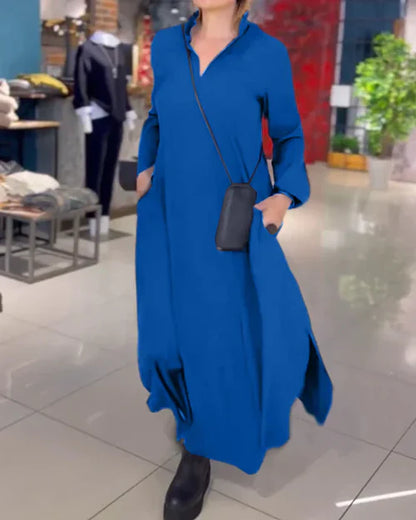 Nora™ | Vestido largo camisero con cuello abierto y bolsillos