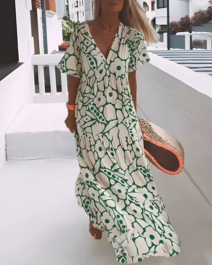 Cristina | Vestido largo de verano con corte fluido y elegante estampado gráfico