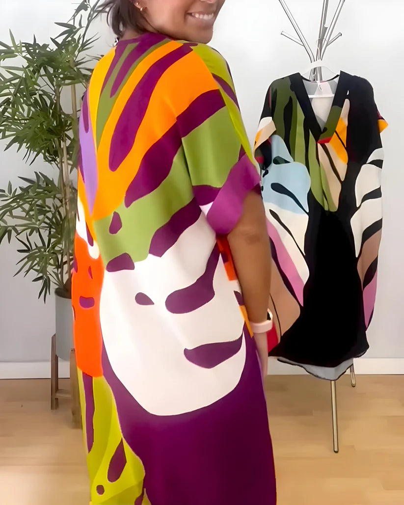 Rosa™ vestido fluido con estampado tropical y escote en pico