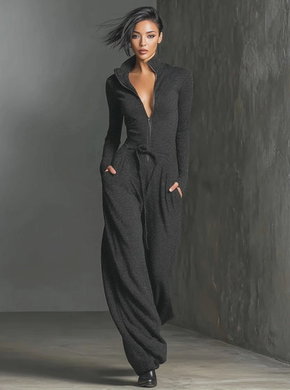 Perla – Mono elegante de punto con brillo y cremallera frontal