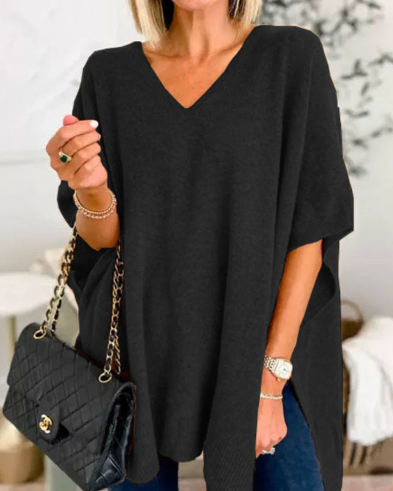Erica - Jersey poncho liso con cuello en V y corte amplio
