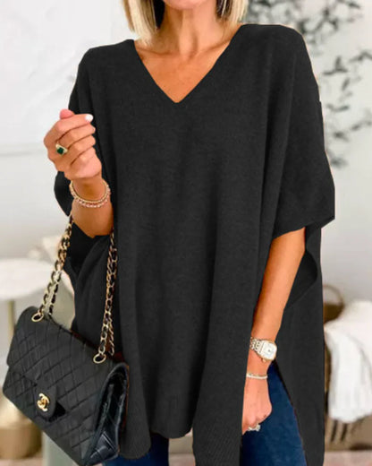 Erica - Jersey poncho liso con cuello en V y corte amplio