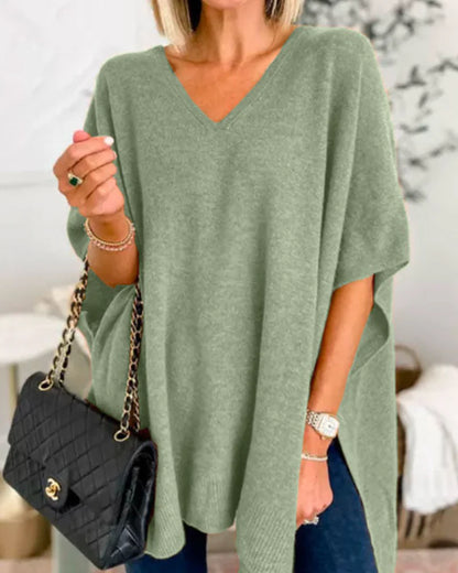 Erica - Jersey poncho liso con cuello en V y corte amplio